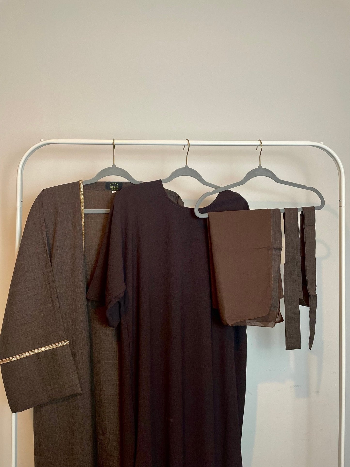 Plain Linen Abaya - 4 Piece Set in Brown - Rouh London