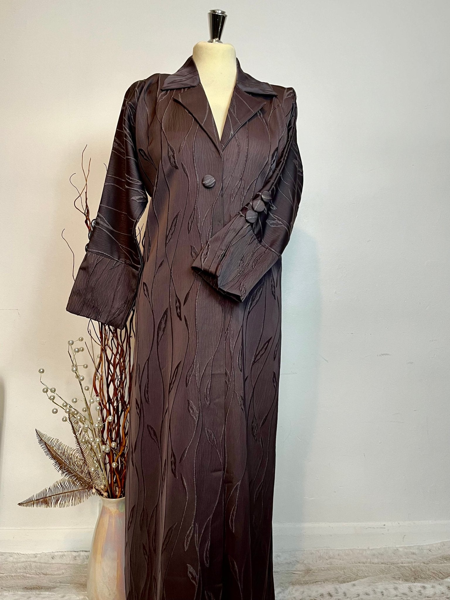 Leaf Print Abaya Coat - 3 Piece Set in Burgundy - Rouh London