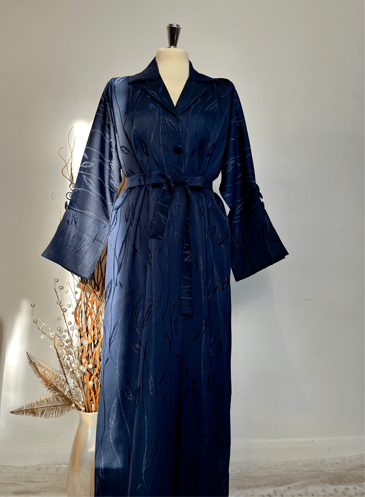 Leaf Print Abaya Coat - 3 Piece Set in Navy Blue - Rouh London