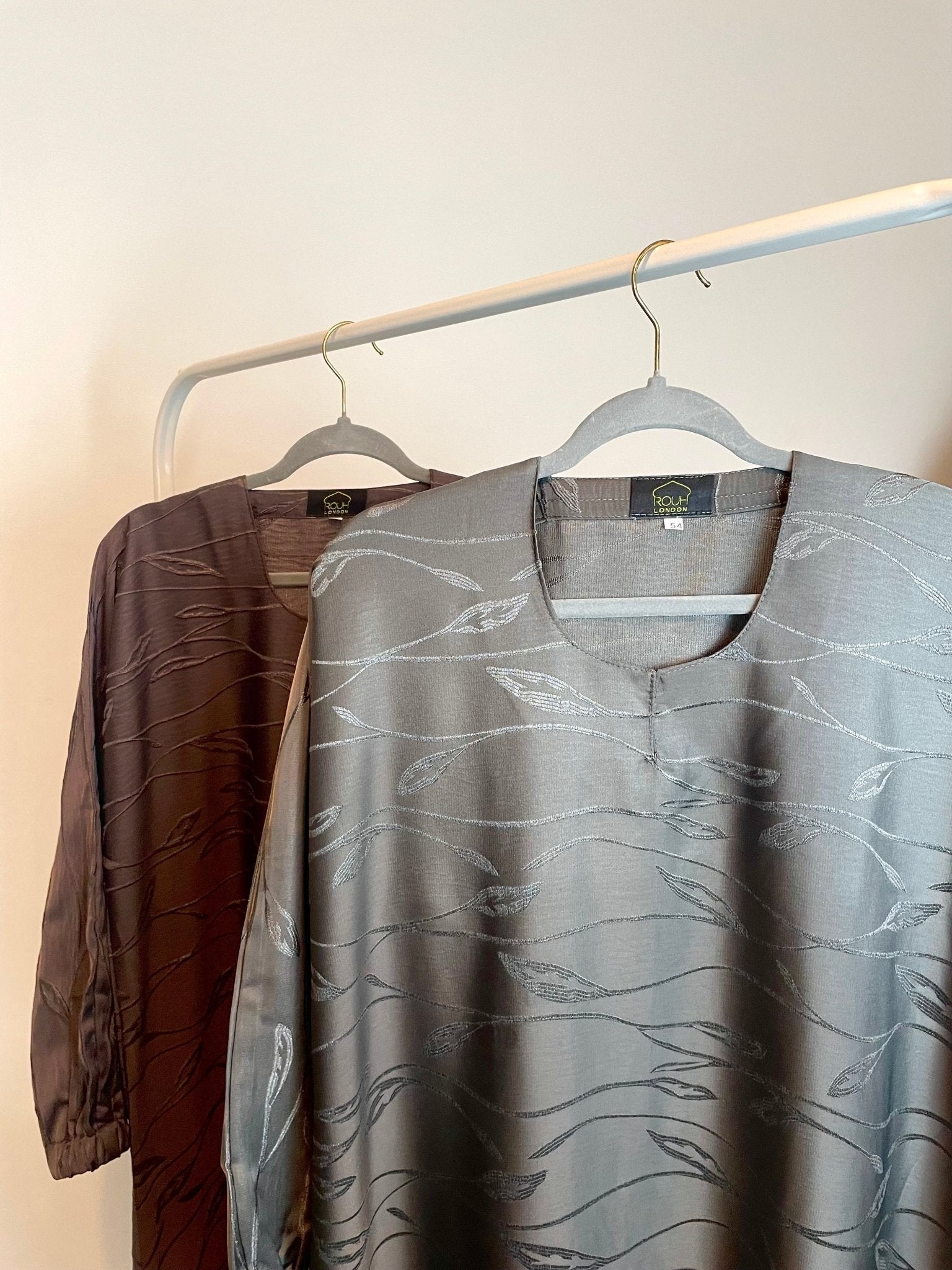 Leaf Print Closed Abaya - 2 Piece Set in Grey - Rouh London