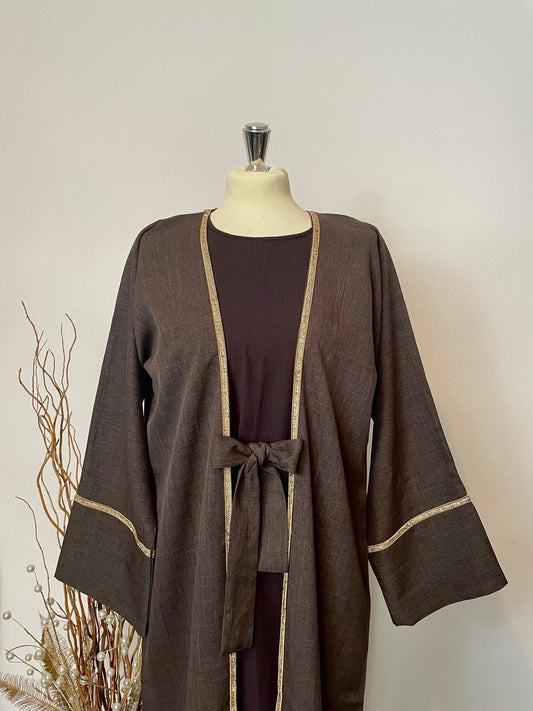 Plain Linen Abaya - 4 Piece Set in Brown - Rouh London