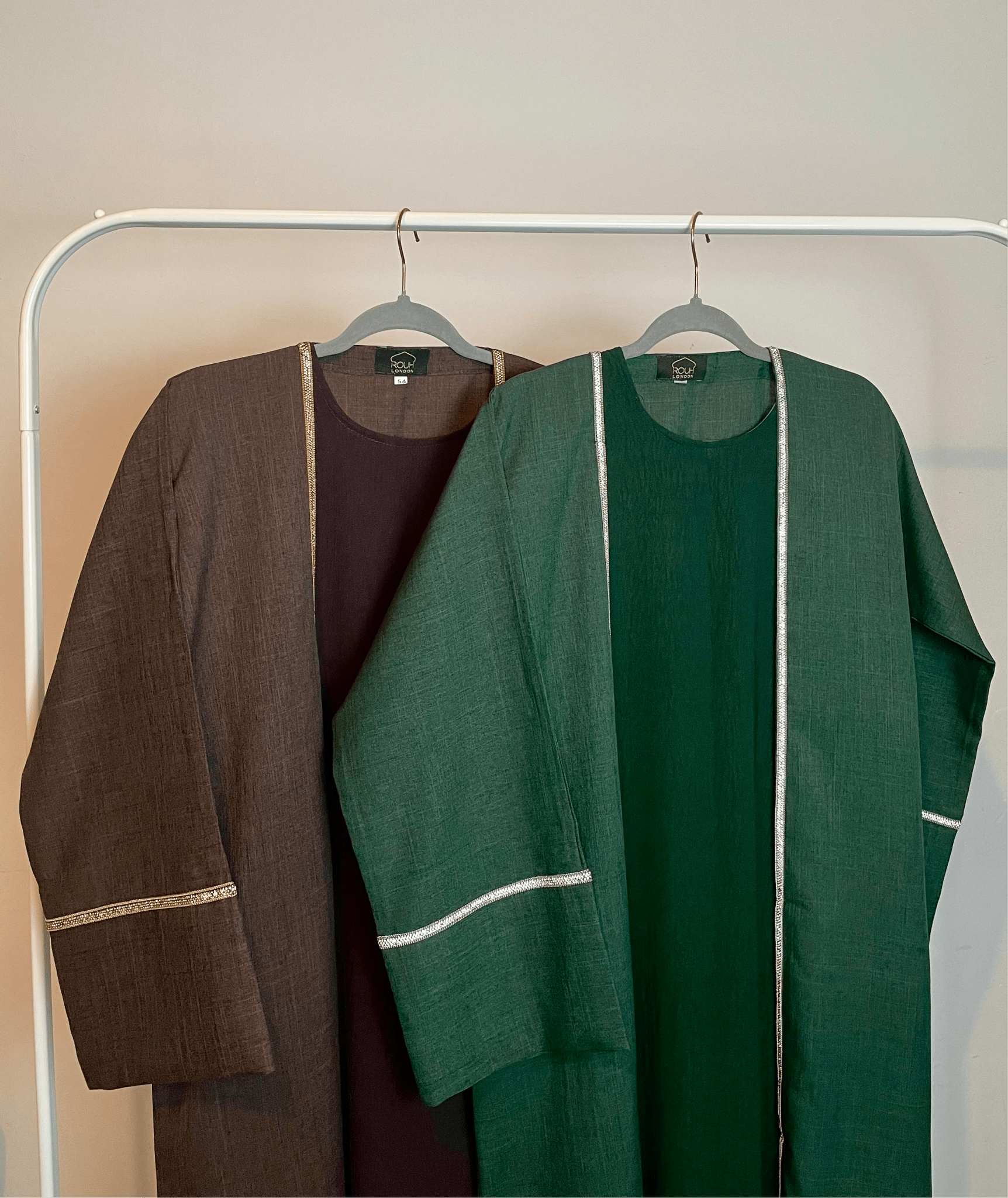 Plain Linen Abaya - 4 Piece Set in Brown - Rouh London