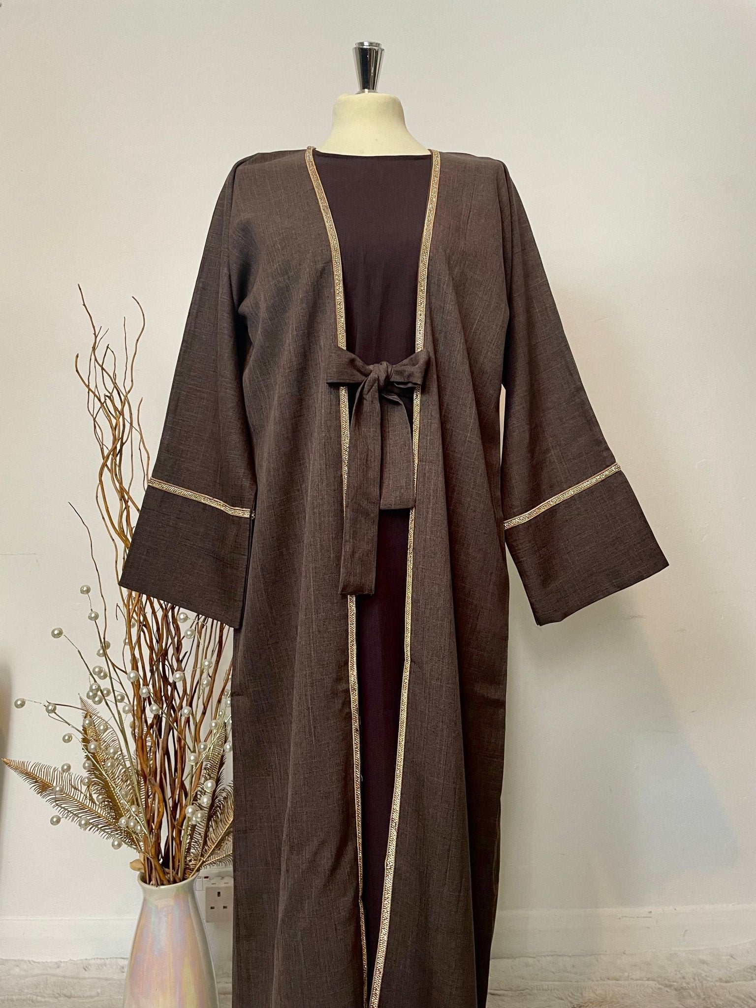 Plain Linen Abaya - 4 Piece Set in Brown - Rouh London