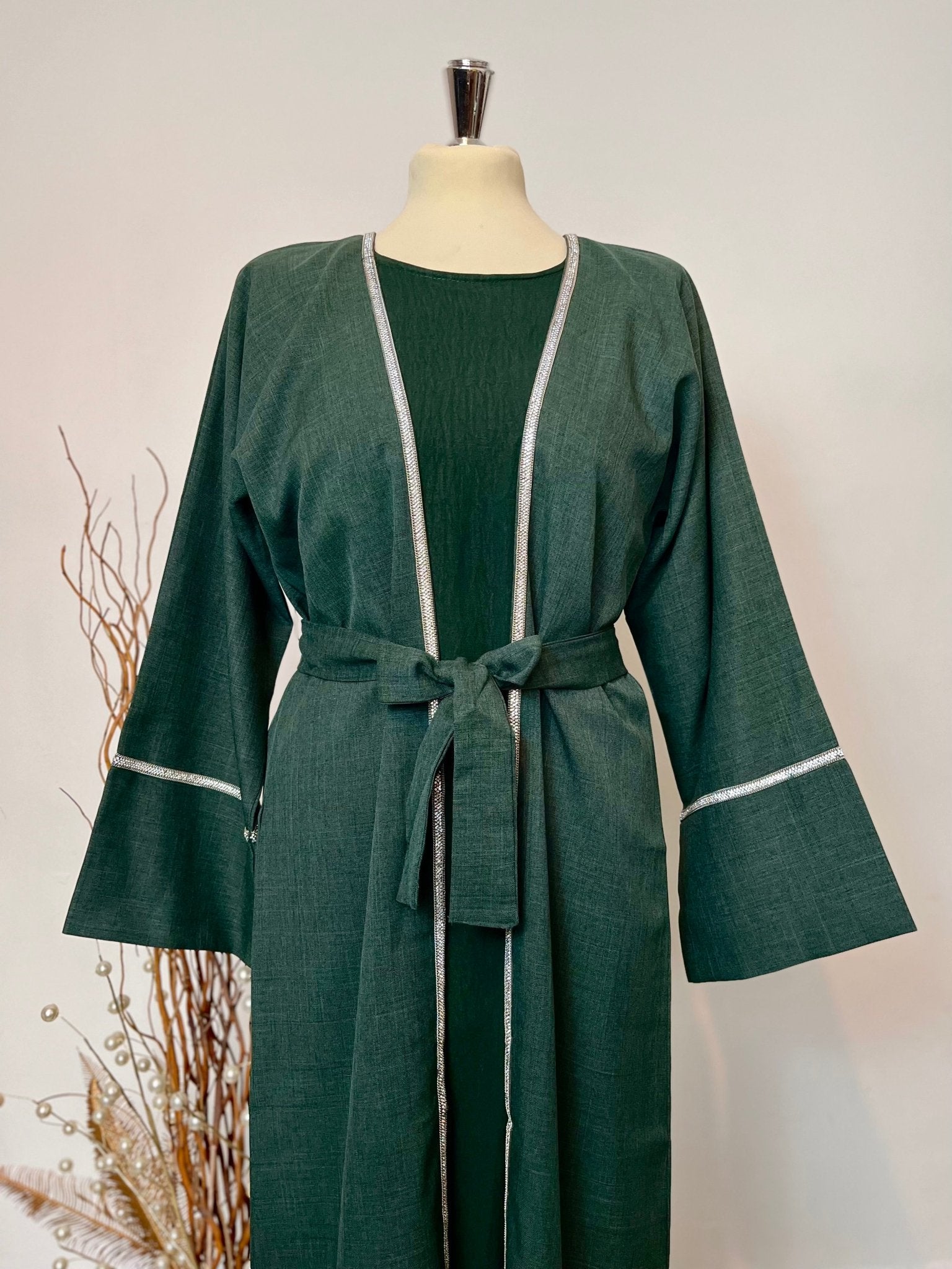 Plain Linen Abaya - 4 Piece Set in Green - Rouh London